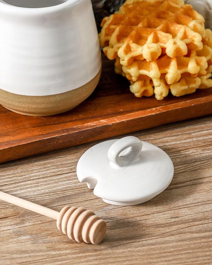 glowworm 12 Ounce Honey Jar with Dipper, Ceramic Honey Container for Home, Kitchen, Farmhouse Housewarming Gift, Dishwasher Safe, White