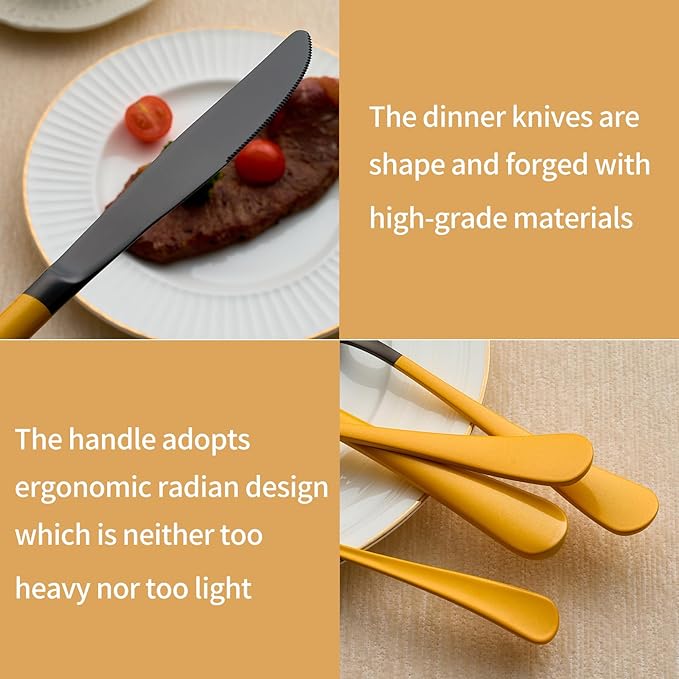 20-Piece Black Silverware Set 18/0 Stainless Steel Silverware Set Yellow Handle Cutlery Set Service for 4 Dinner Knives Forks Spoons Set Flatware Set Finish Dishwasher Safe（Black and Yellow）