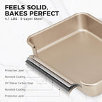 HONGBAKE Deep Baking Pans Set of 3, Nonstick Rectangle Sheet Cake Pans, 13/11/9 Inch Metal Oven Tray for Cooking Lasagna Brownie, Stackable Multi-Depth Bakeware, Golden