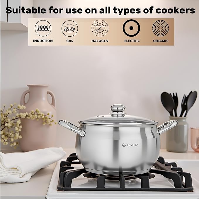 Daniks Classic 6 Quart Stainless Steel Stock Pot with Glass Lid, Tri-Ply Bottom for Even Heating, Induction Compatible, Dishwasher Safe