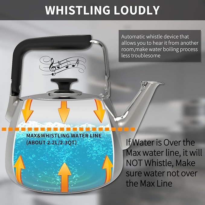 Tea Kettle, Whistling Stovetop Tea Kettle, Large Capacity Teapot Suits for All Heat Source, Professional Fast Heat Technique Teapot with Thick Body and Bottom, Durable and Sturdy Tea Pot