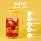2 Pack Glass Mason Jar Pitcher - 64 oz/2 Quart Wide Mouth Jug with Lid and Pour Spout, Airtight Seal, Leak Proof Iced Tea Pitcher for Sun Tea, Juice, Breast Milk, Cold Beverages, Coffe