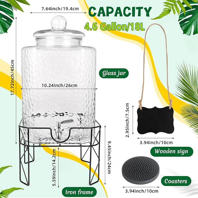 4.6 Gallon Glass Beverage Dispenser with Stand Beverage Dispensers with Ice Cylinder Steel Spigot Hanging Chalkboard Signs Drip Trays Drink Juice Dispenser with Lids for Party Wedding Kitchen
