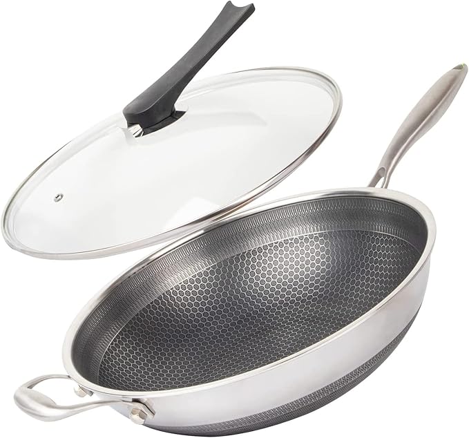 13'' 316L Stainless Steel Stir-fry Wok with Lid,Non Stick Skillet with Stay-cool Handle PFOA Free Suitable for Induction, Ceramic, Electric, and Gas Cooktops