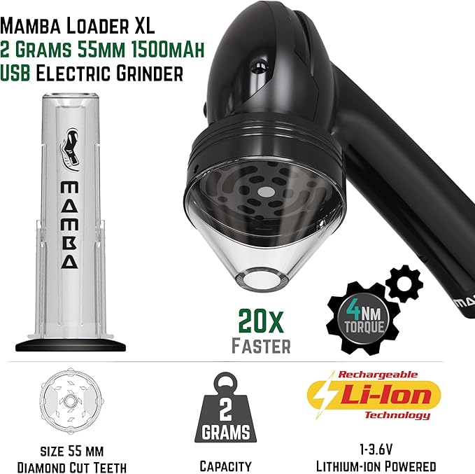 Mamba Loader XL 2g Black USB Electric Herb Grinder. Small Portable Metal Herbal Machine & Spice Mill for the Kitchen