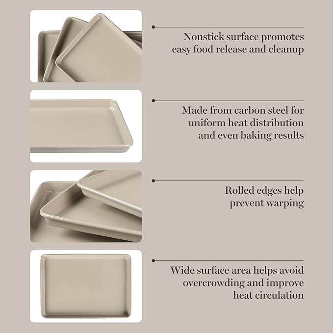 Martha Stewart Gallen 3-Piece Cookie Sheet Set – 13", 15", 17" Baking Pans, Ceramic Nonstick, PFA-Free, Carbon Steel – Oven Safe to 450°F, Warp-Resistant, Easy to Clean - Taupe