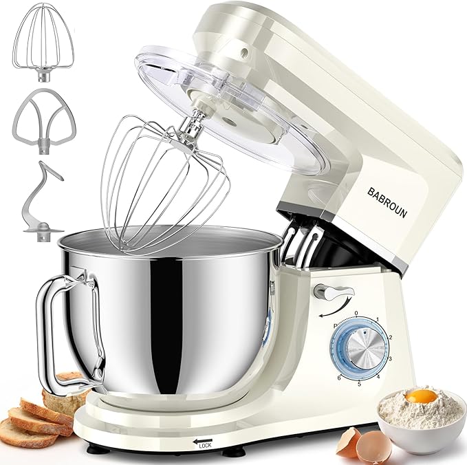 Dough Mixer 8.45 QT Electric Mixer - 660W 6 Speed Large Capacity Kitchen Stand Mixer with Whisk Dough Hook Mixing Beater Household Food Mixer for Baking Cakes Cookie Bread Salad (White)