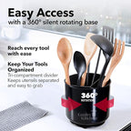 Extra Large Sturdy Rotating Black Utensil Holder Caddy with No-Tip Weighted Base, and Gripped Insert - Rust Proof and Dishwasher Safe Kitchen Utensils Holder