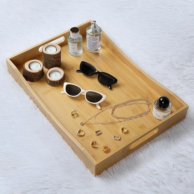 Gobam Bamboo Serving Tray with Built-in Handles, 19.7 x 13.8 inch Large Wooden Breakfast Trays for Bed, Coffee Table & Ottoman, Rectangular Decorative Tray for Entryway, Kitchen, Dining & Living Room