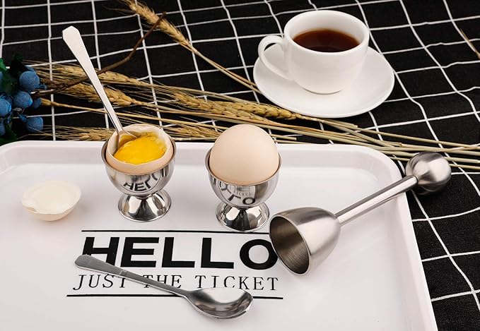 Egg Cracker Topper Cutter Set for Soft Boiled Eggs Stainless Steel Shell Remover Separator Include 2 Egg Cups 2 Spoons 1 Topper Cutter