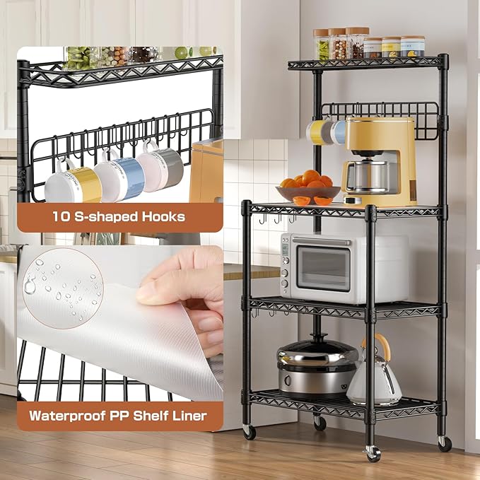 Leteuke Bakers Rack with Storage for Kitchen, NSF Certified 4-Tier Adjustable Coffee Cart Station with Wheels 10 S-Hooks Microwave Stand Kitchen Storage Shelf Metal Storage Rack 30 x 14 x 59 Inches, B