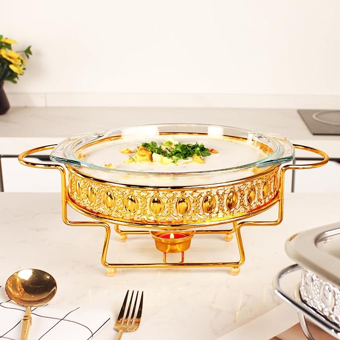 Casserole Dish 9"Glass Baking Dish with Stainless steel Lid and rack, Golden round 1.5 Qt Baking Pan For Casserole & Lasagna, Microwave Dishwasher Freezer Oven Safe