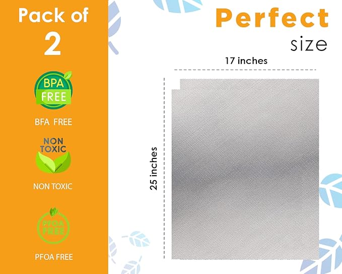 Oven Liners for Bottom, 2 Pack Large Thick Heavy Duty 100% Non-stick Reusable Teflon Mat, 25"x17" Baking Mat for Electric, Gas, Toaster Ovens, Grills (Silver)