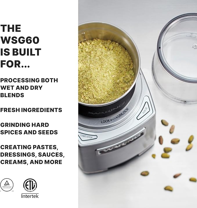 Waring Commercial WSG60 3 Cup Spice Grinder, 1 HP Motor, 20,000 RPM's, Pulse Actuation, Includes 2 stainless steel grinding-bowls-120V, 175W, 5-15 Phase Plug, 0.9 cu. ft.