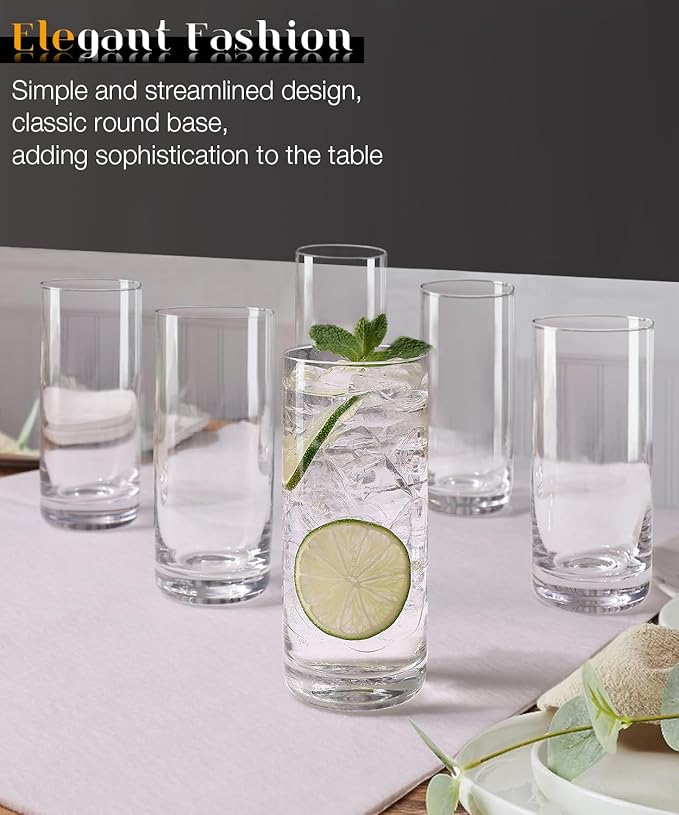 LUNA & MANTHA Drinking Glasses Set of 6, 12 OZ Highball Glasses, Lead-Free Crystal Water Glassware, Tall Glass Cups for Cocktail, Mojito, Iced Tea, Bar Glassware