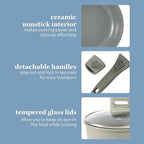 Sur La Table Kitchen Essentials 13 Piece Detachable Handle Pots and Pans Premium PFA Free Premium Ceramic Non Stick Induction Safe and Secure Removable Handle Cookware Set - Juniper Green