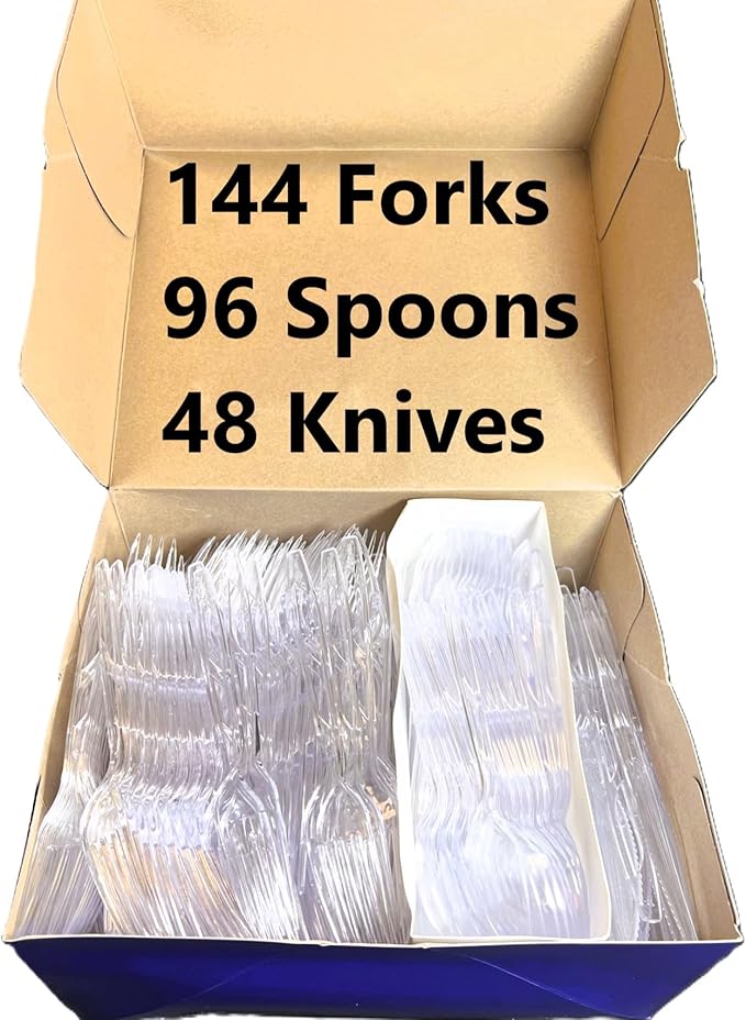 288 Count Diamond® Premium Clear Full-Size Cutlery - Includes 144 Forks, 96 Spoons, 48 Knives, Disposable Plastic Utensils, Plasticware, Silverware