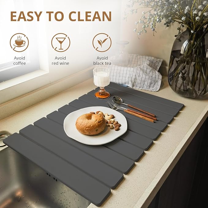 Large Stone Dish Drying Mat for Kitchen Counter, 24"×16" Quick Dry Collapsible Diatomaceous Earth Mat – Super Absorbent Foldable Drying Pad for Dishes (Dark Gray, 23.2" x 15.4")