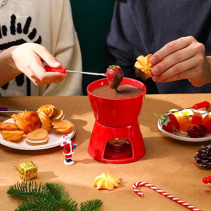 Mudder 6 Pieces Fondue Mug Ceramic Pot and 24 Pieces Forks Set for Melting Chocolate, Cheese, Broth or Tapas on Christmas Gift Valentine's Day(Red and White)