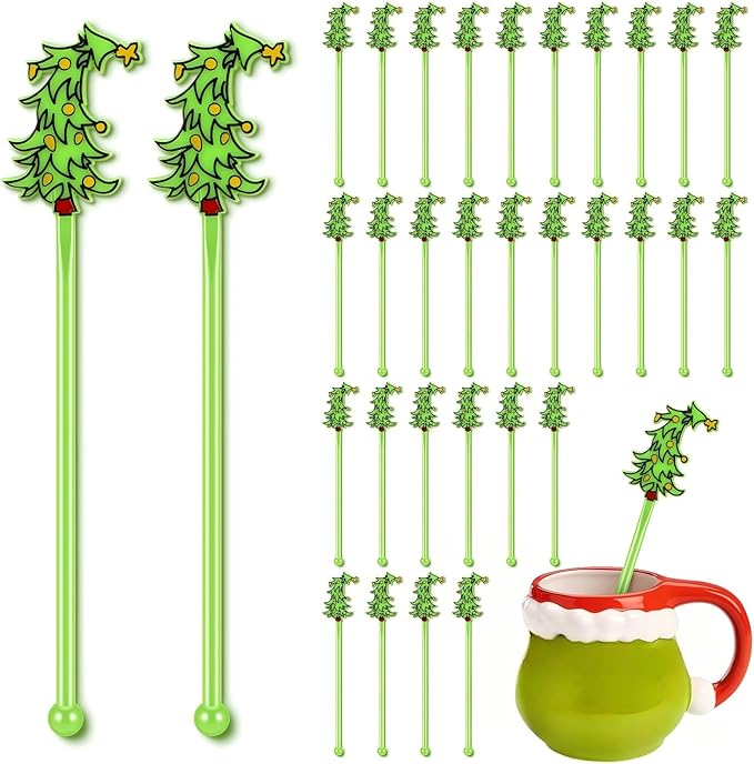 30 Pcs Christmas Drink Stirrers Xmas Stir Stick Holiday Coffee Swizzle Stick Reusable Plastic Hot Cocoa Bar Chocolate Decoration Cocktail Mixer(Whimsical Tree,Fresh Color)