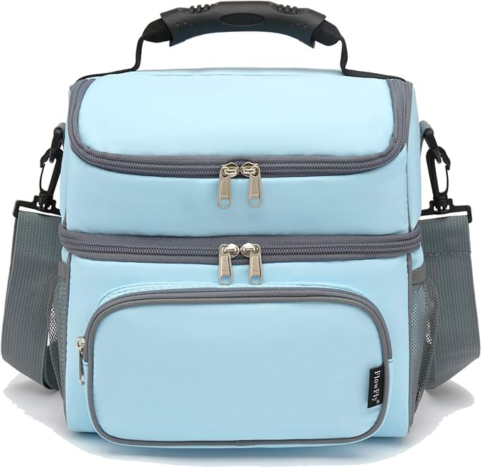 FlowFly Double Layer Cooler Insulated Lunch Bag Adult Lunch Box Large Tote Bag for Men, Women, With Adjustable Strap,Front Pocket and Dual Large Mesh Side Pockets