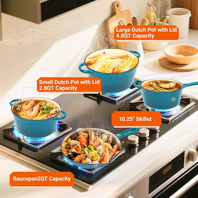 Ceramic Coated Cast Iron Cookware Set, 7-Piece Enameled Dutch Oven and Skillet Set with Lids, Nonstick Pots and Pans Set for Bread Baking, Oven Safe, Induction Compatible, PFAS-Free (Light Cyan)