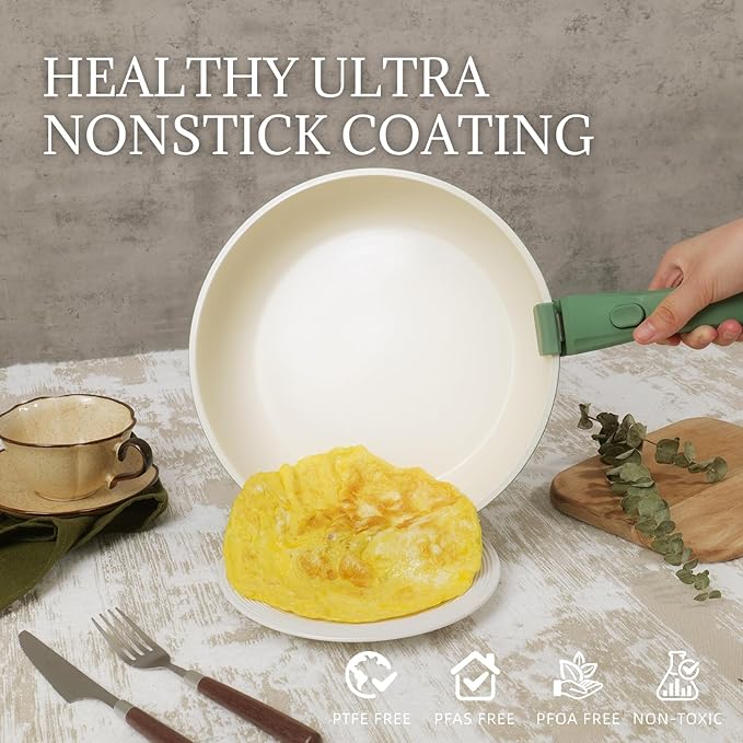 Ceramic Cookware Set Non Stick 8Pcs Pots and Pans Set Detachable Handle Induction Kitchen Cooking Set with Frying Pans Oven Dishwasher Safe, PFAS/PFOA Free, Forest Green