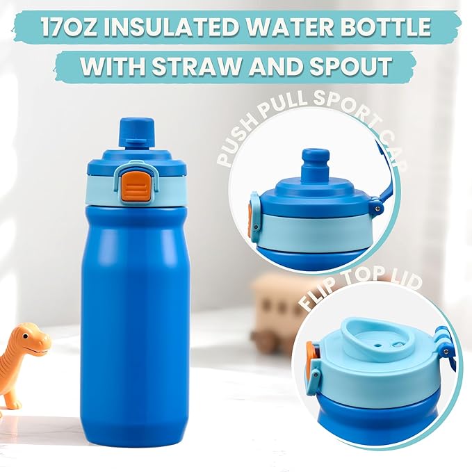 Kids Lunch Bento Box with Thermo Ice Pack Food Container with Insulated Lunch Bag, Insulated Water Bottle with Straw for Girls Boys, Blue