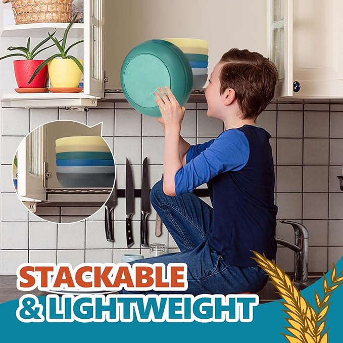 Teivio 8.4" Large Plastic Pasta Bowls Reusable, 45 oz Pasta Serving Bowl Set of 12, Kitchen Wheat Straw Serving Deep Plate Bowls for Salad, Cereal,Soup,Unbreakable Dishwasher Safe, Multicolor