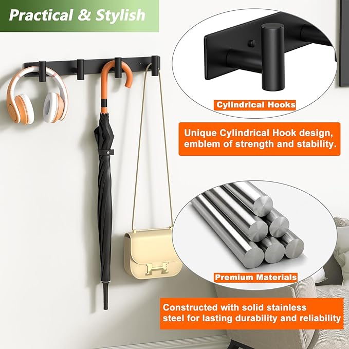 Wall Mounted Coat Rack-4 Hooks, Heavy Duty Stainless Steel Hook Rail for Towel Coat Hat Purse Bag Jacket, Towel Hooks for Entryway Bathroom Kitchen (Black 4 Hooks - 1 Pack)