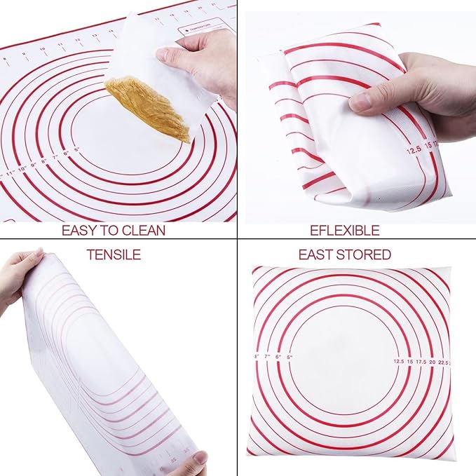 Stainless Steel Rolling Pin and Silicone Mat Set, Adjustable Thickness Rings - For Baking Dough, Pizza, Pies, Pastries, Pasta, Cookies