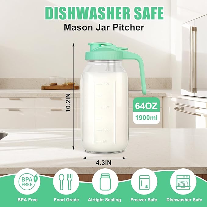 64 oz Glass Pitcher with Lid - 2 Quart Mason Jar Pitcher with Lid, Wide Mouth Airtight & Leakproof Glass Jar for Iced Tea, Juice, Breastmilk, Cold Brew, Sun Tea and Drinks