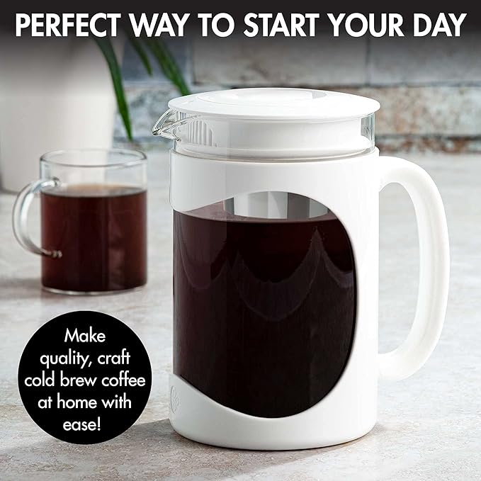 Primula Burke Deluxe Cold Brew Iced Coffee Maker, Comfort Grip Handle, Durable Glass Carafe, Removable Mesh Filter, Perfect 6 Cup Size, Dishwasher Safe, 1.6 qt, White