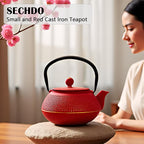30.4oz Small Cast Iron Teapot, Tea Kettle for Stovetop Safe Coated with Enameled Interior, Red Japanese Tetsubin, Tea Pot with Stainless Steel Infuser for Loose Tea(900ml)