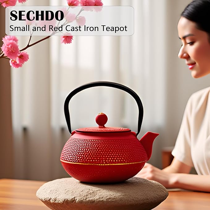 30.4oz Small Cast Iron Teapot, Tea Kettle for Stovetop Safe Coated with Enameled Interior, Red Japanese Tetsubin, Tea Pot with Stainless Steel Infuser for Loose Tea(900ml)