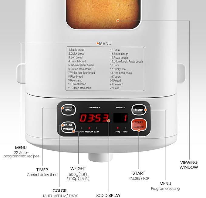 22-In-1 Compact Automatic Bread Maker Machine, 1LB/1.5LB Programmable 2 Loaf Sizes, 3 Crust Colors, Small Digital Home Bakery with Dough, Cake, Jam, Yogurt, Non-stick Pan, White