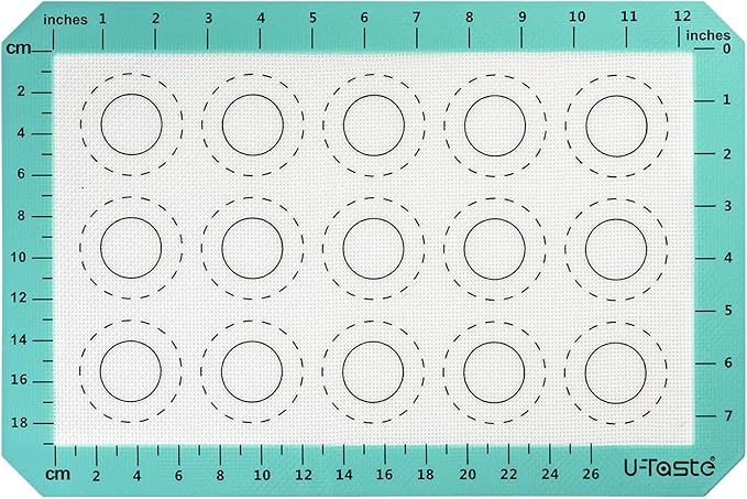 446ºF Heat Resistant Macaron Mat: U-Taste 14.17x9.44in Non Stick Silicone Baking Mat, Reusable Cookies Pastry Sheet Liner with Edge Enhancement & Circle Measurement for Cake Pan (Aqua Sky)