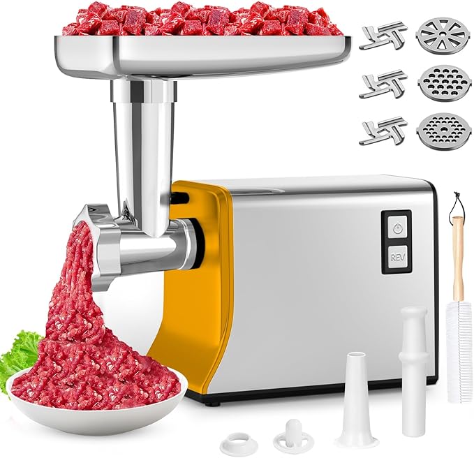 Electric Meat Grinder: [3500W Advanced Motor] [Ultra-Intelligent Thermal Protection] Upgraded Meat Grinder with 6 PCS Stainless Steel Blades&Grinding Plates, Sausage Stuffer Tubes&Kubbe (RED)