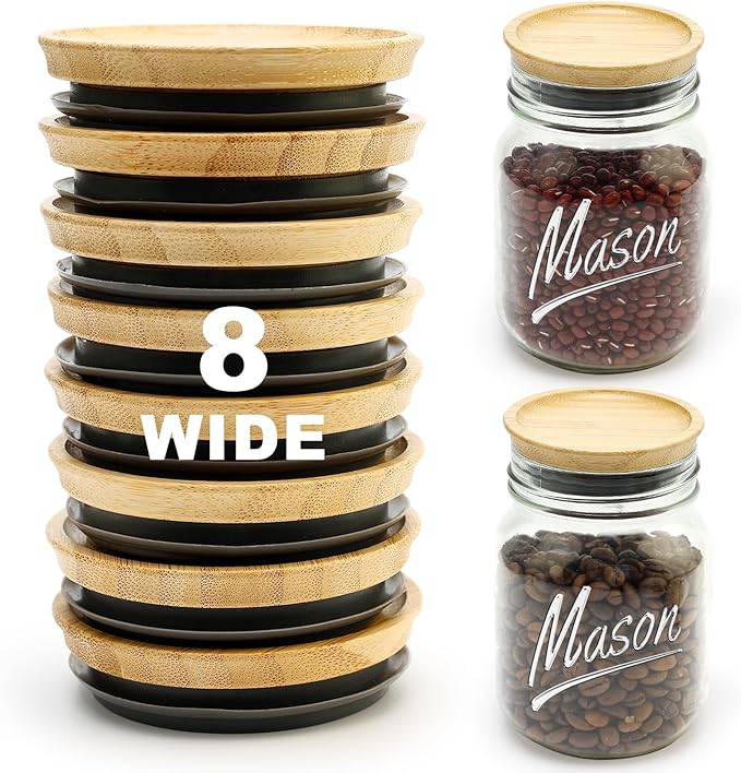 8 Pack Wide Mouth Mason Jar Lids Bamboo Lid for Glass Jars Tops Large Mouth Reusable Canning Lids Wooden Silicone Lid for Mason Jar Accessories Airtight Jars Covers Decorative Canning Supplies