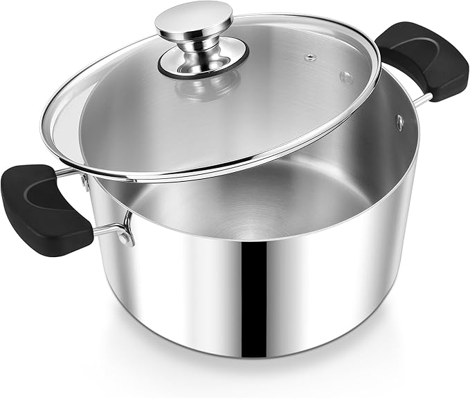 6 Quart 3-Ply Cooking Stock Pot with Lid, P&P CHEF Stainless Steel Large Pot for Pasta Soup, Work on Multi Stove, Heavy Duty & Dishwasher Safe, Dual Heat-resistant Handles & Visible Lid