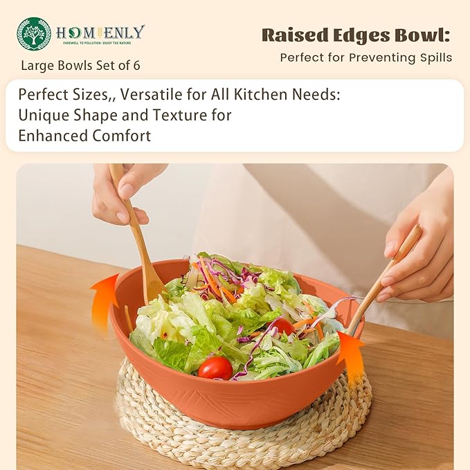 Homienly 60oz Wheat Straw Bowls Set of 6 Salad bowls Large Capacity Popcorn Bowl Unbreakable Serving Bowls Microwave & Dishwasher Safe Bowl Set Alternative for Plastic Bowls for Kitchen - Multi-colors
