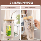 Glass Tumbler with Lid and Straw, 46 oz Iced Coffee Cup with Handle, Large Water Bottles with Silicone Sleeve, Glass Cup with Straws - Pearl Straw & Drinking Straw BPA Free-Amber