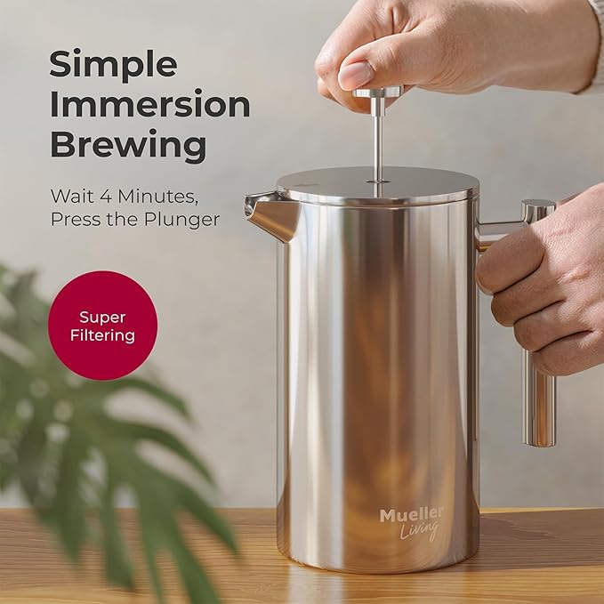 MuellerLiving French Press Coffee Maker 34oz, Stainless Steel French Press Coffee, 4 Filter Heat Resistant Double Insulated, Rust-Free, Food Grade, Dishwasher Safe Coffee Pot