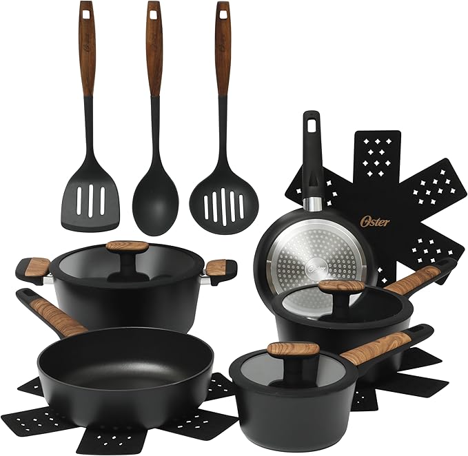 Oster Platinum Oxburg 14 Piece Forged Aluminum PFA Free Non-toxic Premium Ceramic Non Stick Interior Cookware & Kitchen Tools Set - Black w/Wood Handles