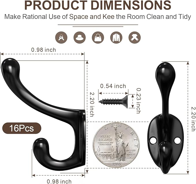 Coat Hooks, 16 Pack Black Metal Heavy Duty Screw-in Wall Hooks for Closet, Backpack, Bag, Clothes - Mounted Door Hooks for Classroom, Cubby Organization