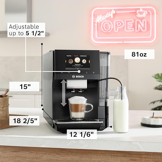 Bosch 800 Series Fully Automatic Espresso and Coffee Machine – 35 Drinks, Cold Brew, Double Cup, Milk Hose, Ceramic Grinder, Smart Features, in Black TPU60309