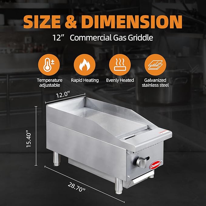 12" Commercial Countertop Griddle, Single Burners Gas Griddle, 30000 BTU Output, Stainless Steel Flat Top Grill Hot Plate with Natural Gas and Propane Conversion Kit for Restaurant, Food Truck