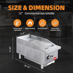 12" Commercial Countertop Griddle, Single Burners Gas Griddle, 30000 BTU Output, Stainless Steel Flat Top Grill Hot Plate with Natural Gas and Propane Conversion Kit for Restaurant, Food Truck