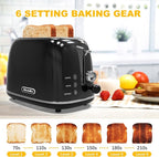 Toaster 2 slice,Retro Stainless Steel Toaster with 6 Settings, 1.5 In Extra Wide Slots, Bagel/Defrost/Cancel Function, Removable Crumb Tray (Dark)