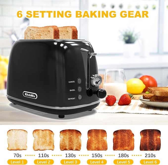 Toaster 2 slice,Retro Stainless Steel Toaster with 6 Settings, 1.5 In Extra Wide Slots, Bagel/Defrost/Cancel Function, Removable Crumb Tray (Dark)